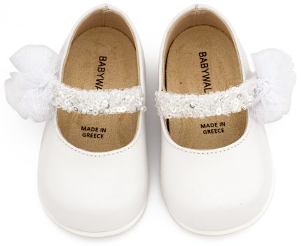 Babywalker Βαπτιστικό Παπουτσάκι για Πρώτα Βήματα Γοβάκι Μονή Μπαρέτα Διακοσμημένο με Τρέσα και Τούλινο Πον Πον PRI2657 Εκρού