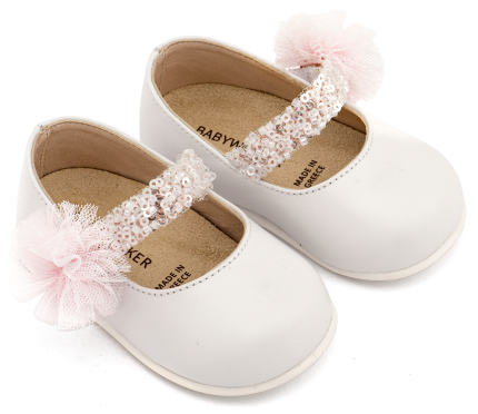 Babywalker Βαπτιστικό Παπουτσάκι για Πρώτα Βήματα Γοβάκι Μονή Μπαρέτα Διακοσμημένο με Τρέσα και Τούλινο Πον Πον PRI2657 Λευκό Ροζ