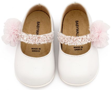 Babywalker Βαπτιστικό Παπουτσάκι για Πρώτα Βήματα Γοβάκι Μονή Μπαρέτα Διακοσμημένο με Τρέσα και Τούλινο Πον Πον PRI2657 Λευκό Ροζ