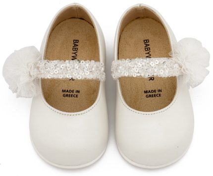 Babywalker Βαπτιστικό Παπουτσάκι για Πρώτα Βήματα Γοβάκι Μονή Μπαρέτα Διακοσμημένο με Τρέσα και Τούλινο Πον Πον PRI2657 Λευκό