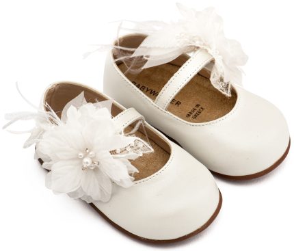 Babywalker Βαπτιστικό Παπουτσάκι για Πρώτα Βήματα Γοβάκι Μονή Μπαρέτα Χειροποίητο Λουλούδι με Πούπουλα PRI2658 Εκρού