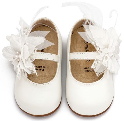 Babywalker Βαπτιστικό Παπουτσάκι για Πρώτα Βήματα Γοβάκι Μονή Μπαρέτα Χειροποίητο Λουλούδι με Πούπουλα PRI2658 Εκρού