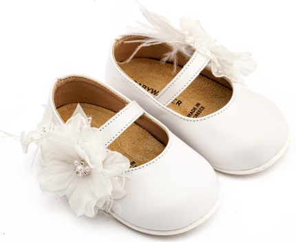 Babywalker Βαπτιστικό Παπουτσάκι για Πρώτα Βήματα Γοβάκι Μονή Μπαρέτα Χειροποίητο Λουλούδι με Πούπουλα PRI2658 Λευκό