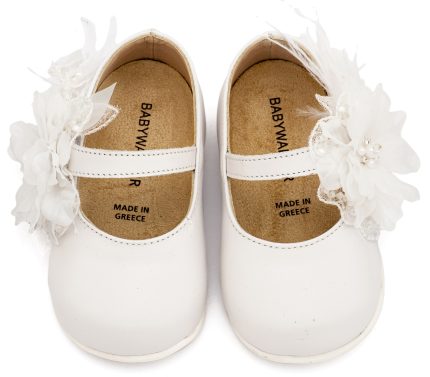 Babywalker Βαπτιστικό Παπουτσάκι για Πρώτα Βήματα Γοβάκι Μονή Μπαρέτα Χειροποίητο Λουλούδι με Πούπουλα PRI2658 Λευκό