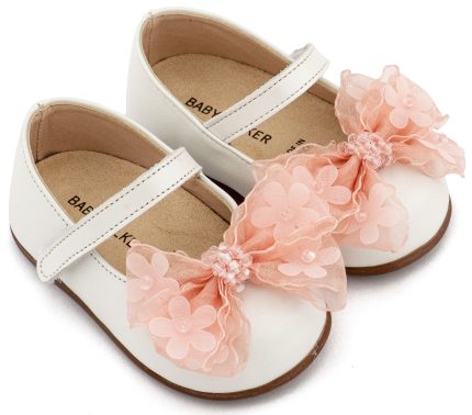 Babywalker Βαπτιστικό Παπουτσάκι για Πρώτα Βήματα Γοβάκι Μονή Μπαρέτα Φιογκάκι Οργάντζας PRI2659 Εκρού Ροζ