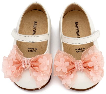 Babywalker Βαπτιστικό Παπουτσάκι για Πρώτα Βήματα Γοβάκι Μονή Μπαρέτα Φιογκάκι Οργάντζας PRI2659 Εκρού Ροζ
