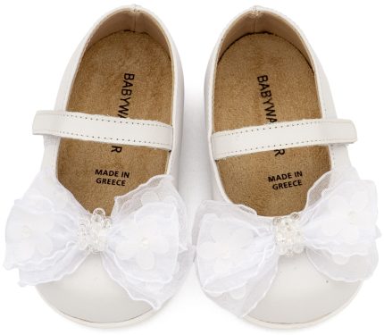 Babywalker Βαπτιστικό Παπουτσάκι για Πρώτα Βήματα Γοβάκι Μονή Μπαρέτα Φιογκάκι Οργάντζας PRI2659 Λευκό