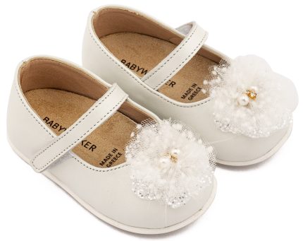 Babywalker Βαπτιστικό Παπουτσάκι για Πρώτα Βήματα Γοβάκι Μονή Μπαρέτα Χειροποίητο Διακοσμητικό από Τούλι PRI2660 Εκρού