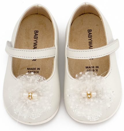 Babywalker Βαπτιστικό Παπουτσάκι για Πρώτα Βήματα Γοβάκι Μονή Μπαρέτα Χειροποίητο Διακοσμητικό από Τούλι PRI2660 Εκρού