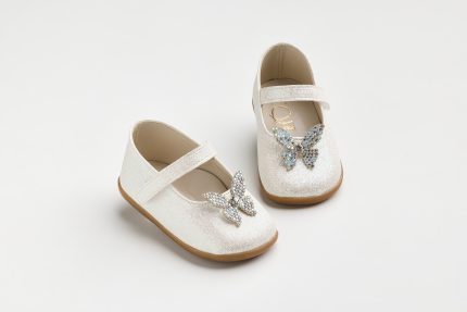 Χειροποίητη Βαπτιστική Μπαλαρίνα Πρώτα Βήματα για Κορίτσι Λευκό-Ασημί Γκλίτερ K637E | Everkid