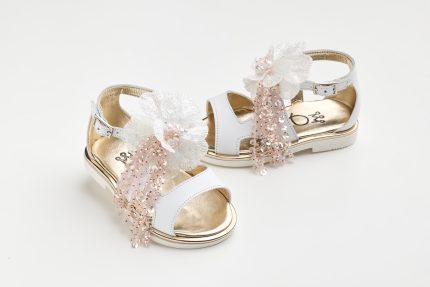 Χειροποίητο Βαπτιστικο Σανδάλι Περπατήματος για Κορίτσι Λευκό-Ροζ KE10 | Everkid