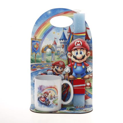 Πασχαλινό Σετ Δώρου Super Mario: Αρωματική Λαμπάδα, Κούπα & Ξύλινη Βάση ΠΛ-2601 (Υ.30 Π.20cm) || Bellissimo