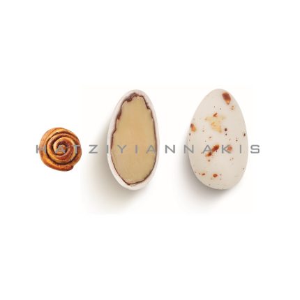 Row of three edible items: a small cinnamon roll on the left, a beige-stuffed egg half in the center, and a white speckled egg on the right.