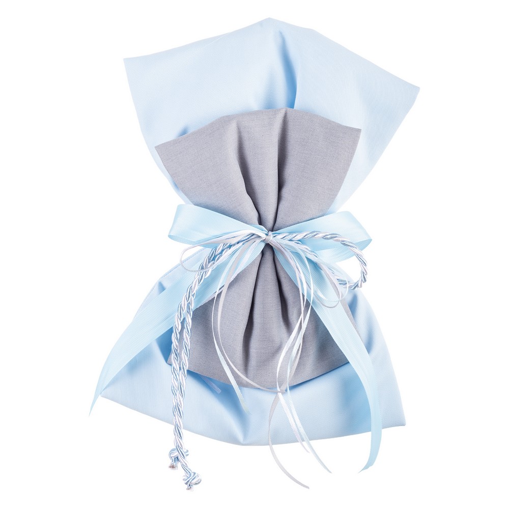2000192-1000x1000 | La Vie en Rose Blue fabric-wrapped gift tied with a pale blue ribbon and white braided cord.
