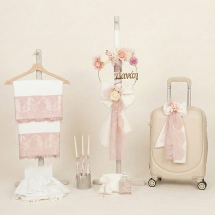 Σετ Βάπτισης για Κορίτσι με Θέμα Λουλούδια Εκρού-Σάπιο Μήλο 26101