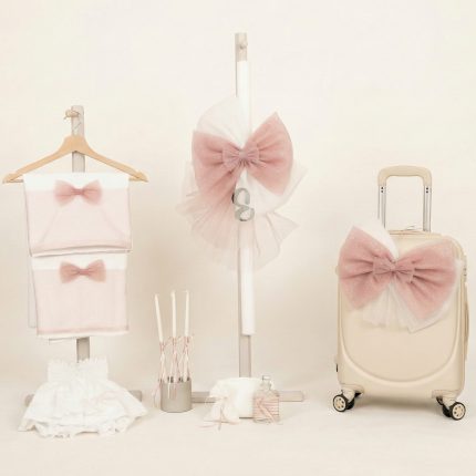 Σετ Βάπτισης για Κορίτσι με Θέμα Φιόγκος με Μονόγραμμα Γκλίτερ Σάπιο Μήλο-Offwhite 26103