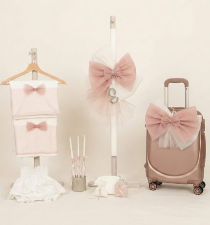 Σετ Βάπτισης για Κορίτσι με Θέμα Φιόγκος με Μονόγραμμα Γκλίτερ Σάπιο Μήλο-Offwhite 26104