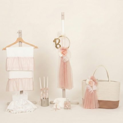 Σετ Βάπτισης για Κορίτσι με Θέμα Κρίκος με Πέρλες και Μονόγραμμα Εκρού-Σάπιο Μήλο 26105