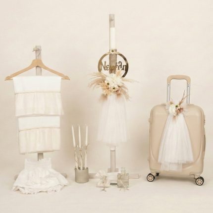 Σετ Βάπτισης για Κορίτσι με Θέμα Λουλούδια με Όνομα Εκρού-Nude 26112