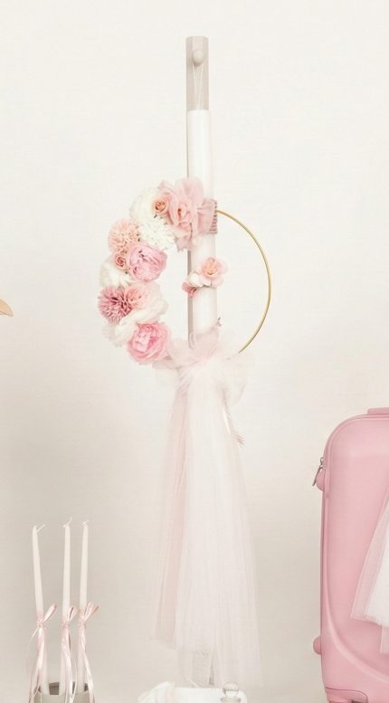 Σετ Βάπτισης για Κορίτσι με Θέμα Κρίκος με Λουλούδια Λευκό-Ροζ 26114