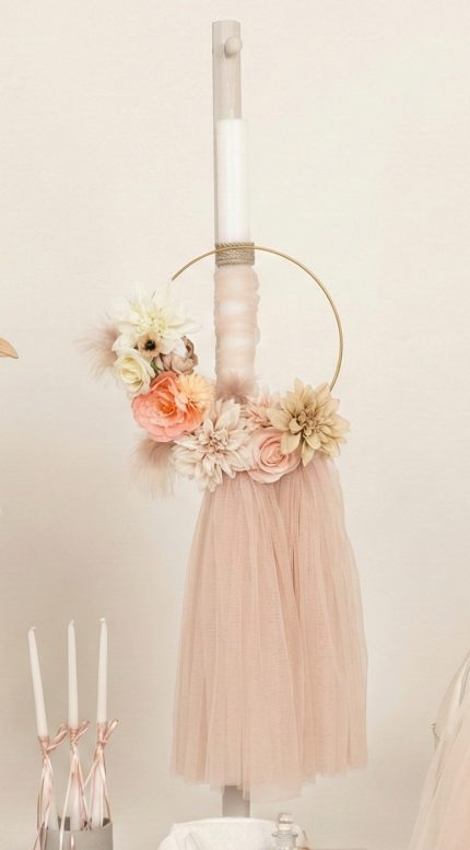 Σετ Βάπτισης για Κορίτσι με Θέμα Κρίκος με Λουλούδια Εκρού-Πούδρα 26115