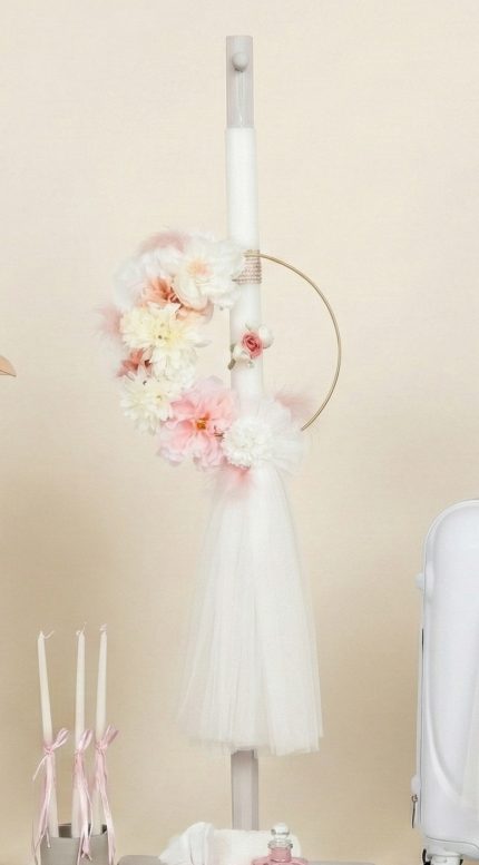 Σετ Βάπτισης για Κορίτσι με Θέμα Κρίκος με Λουλούδια Λευκό-Ροζ 26119