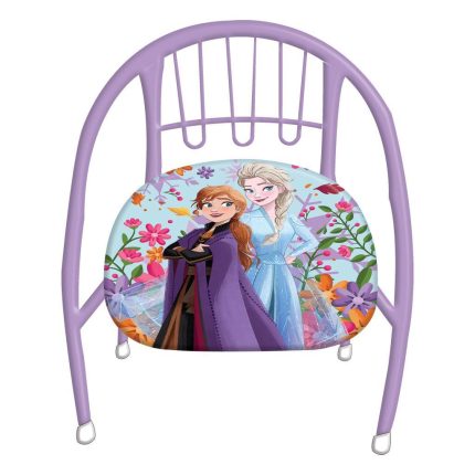 Purple kids' chair with curved legs and a floral cushion featuring Anna and Elsa from Frozen.