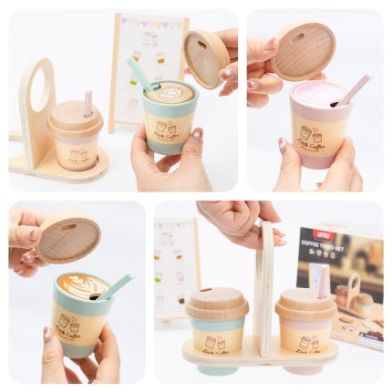Collage of a wooden toy coffee set with cups, lids, straws, and a display board for play.