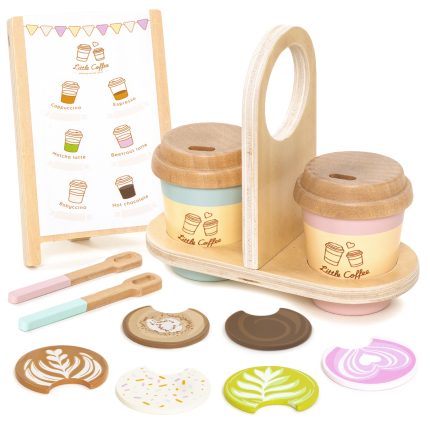 Wooden coffee shop play set with cups, donuts, and pastel markers on a white surface
