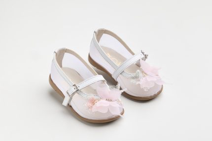 White kids' Mary Jane shoes with pink floral appliqués and sheer overlay, on a light background