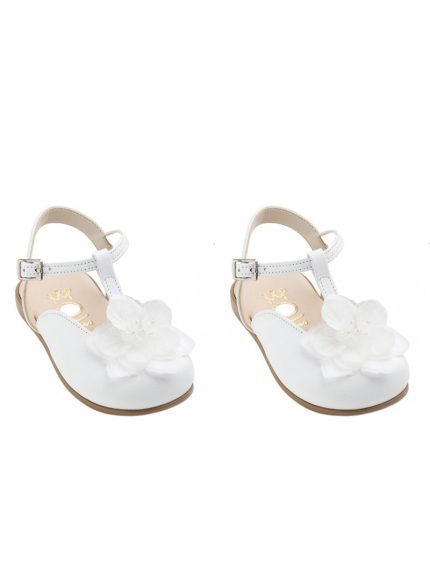 Pair of white baby Mary Jane shoes with a decorative white flower on the toe, shown side by side.