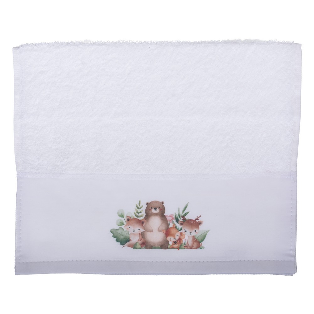 1000714-1000x1000 | La Vie en Rose White folded towel with a decorative band showing a cartoon family of woodland animals (bear, foxes) and greenery on the lower portion