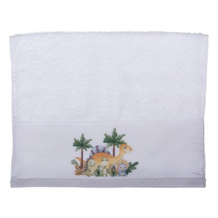 White towel with a colorful cartoon dinosaur and palm trees design near the bottom edge.