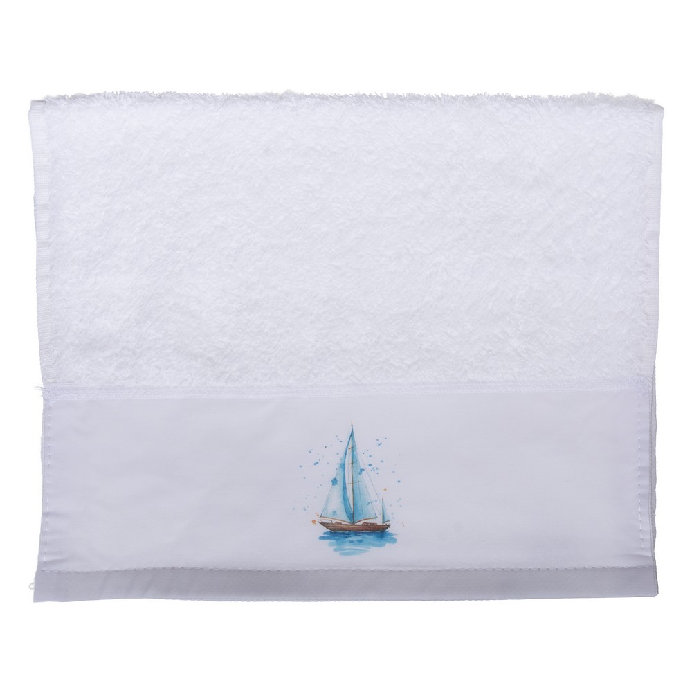 1000716-1000x1000 1 | La Vie en Rose White towel with a small blue sailboat graphic along the bottom band near the hem on a white background.