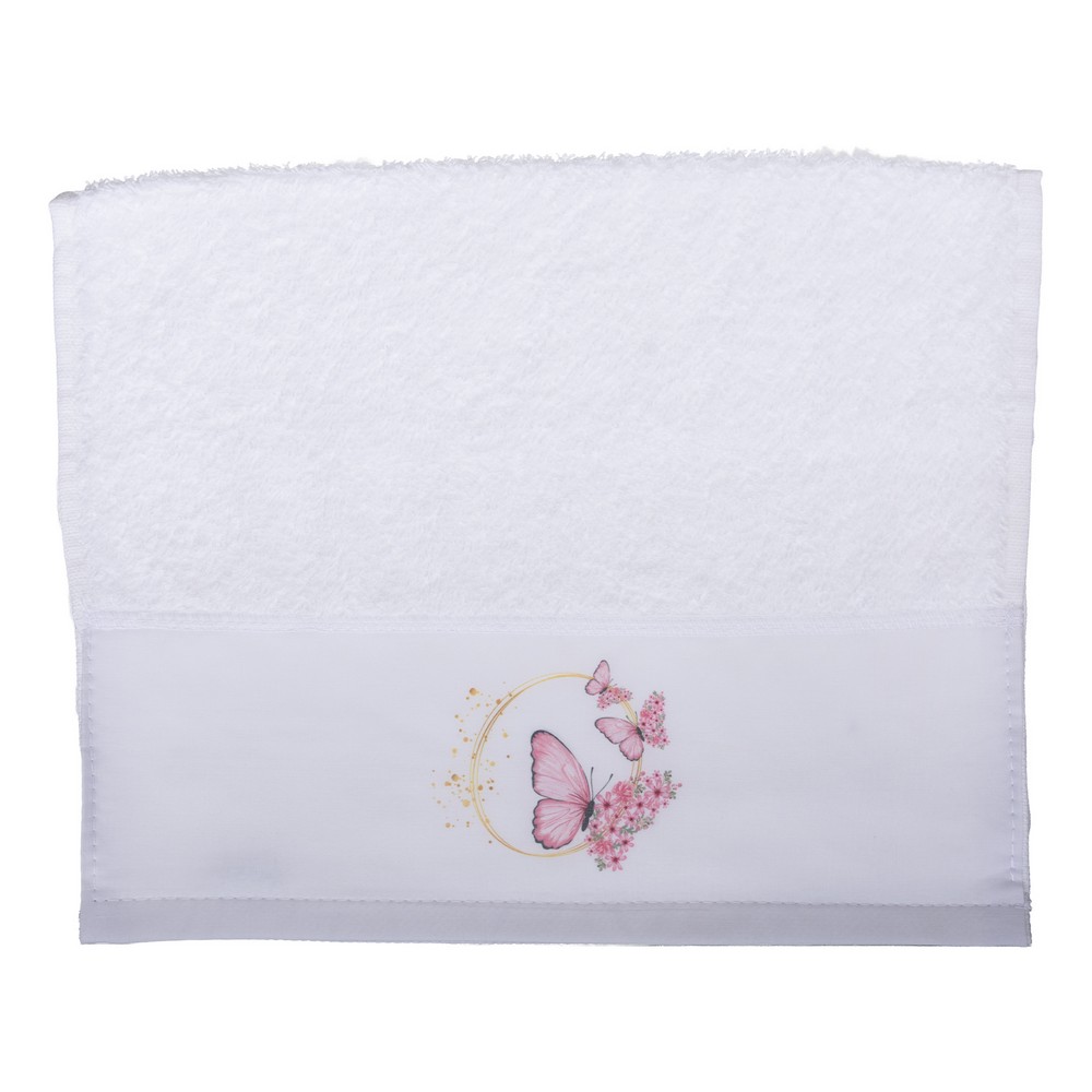 1000717-1000x1000 | La Vie en Rose White towel with a light blue tint, featuring a pink butterfly and floral circle design on a light band across the bottom.