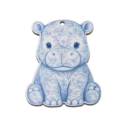 Blue hippo-shaped pendant with a delicate floral pattern and a small hole at the top for hanging