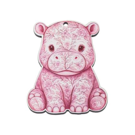 Front view of a pink hippo plush ornament covered in floral pattern with a small hanging hole at the top.