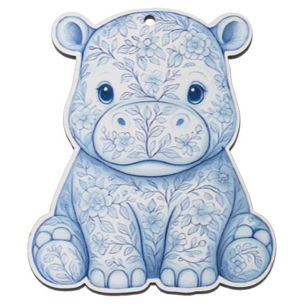 Blue floral-patterned hippo ornament with a hanging hole at the top.