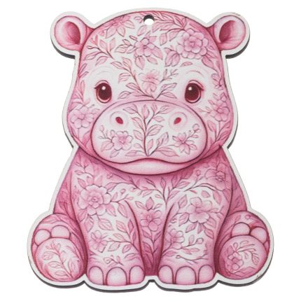 Pink hippo plush/ornament covered in a floral vine pattern, sitting facing forward with a small hole at the top for hanging