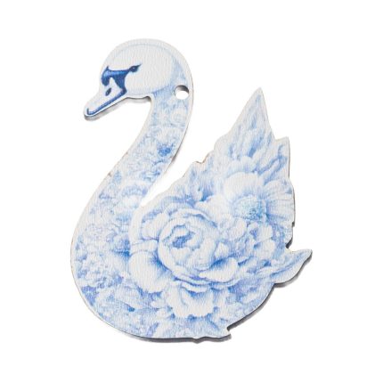 Blue floral swan-shaped tag or ornament with a hole for string, decorative piece.