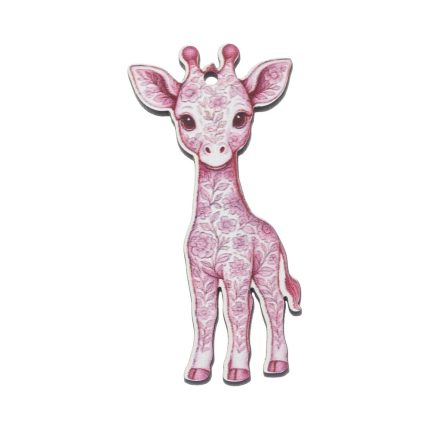 Pink giraffe illustration with a floral pattern, standing and facing forward.