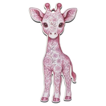 Pink giraffe ornament with a floral pattern and a hang hole at the top, designed as a decorative decorative charm.