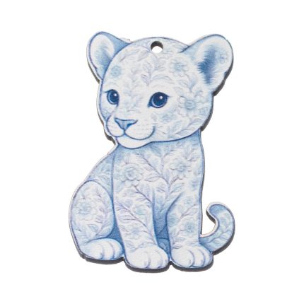Blue floral-patterned kitten ornament with a hole at the top for hanging.