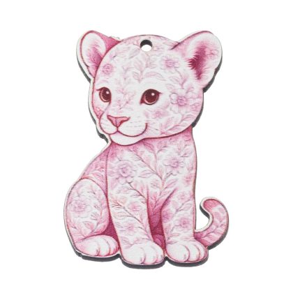 Pink floral-patterned kitten ornament with a hole for hanging at the top edge.