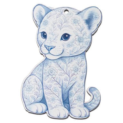 Blue ceramic cat figurine covered in floral patterns with a hanging hole at the top for decoration