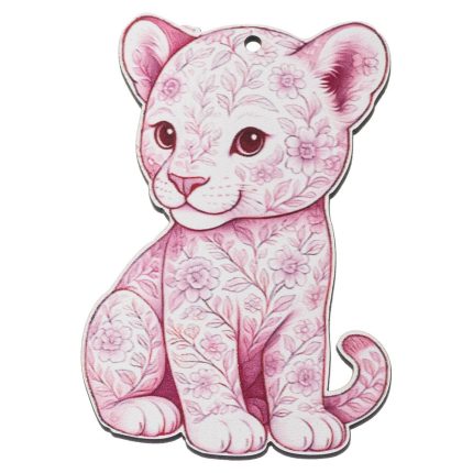 Pink floral-patterned kitten ornament with a hanging hole at the top