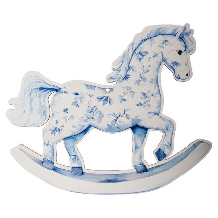 Decorative blue-and-white floral rocking horse cutout for a nursery.
