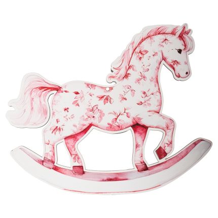 Pink floral-patterned rocking horse cutout on white background, decorative whimsy item