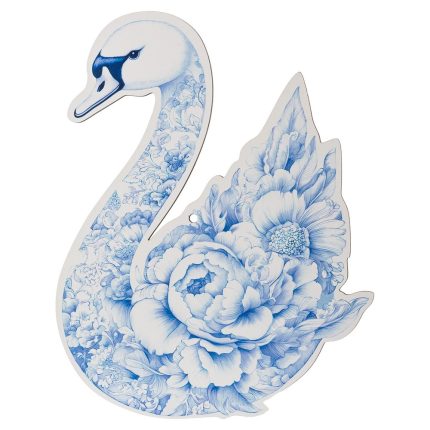 Swan-shaped cutout filled with a blue botanical floral pattern on a white background