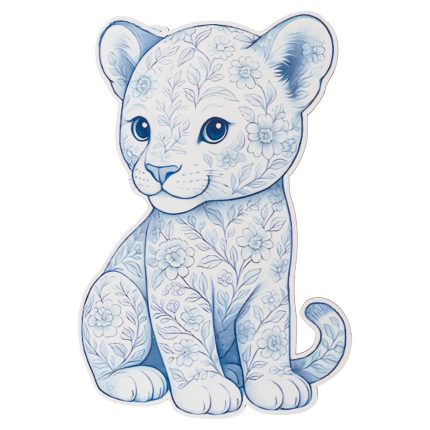 Blue-and-white illustrated kitten with a floral pattern all over its fur, sitting and facing forward.